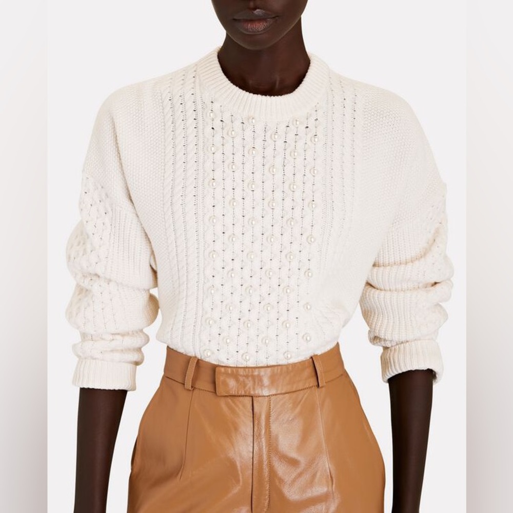 Intermix Sage Pearl-Trimmed Cable Knit Sweater